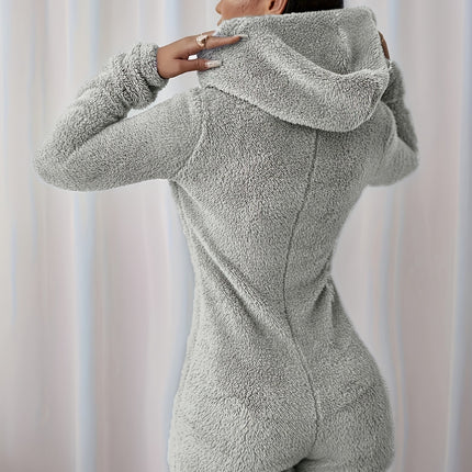 Furry Half Zip Long Sleeve Hooded Bodysuit