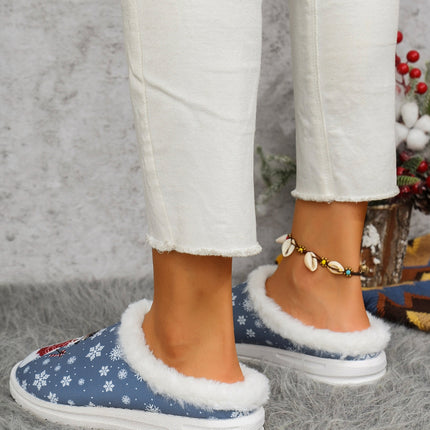 Snowman Print Flat Slippers with Faux Fur