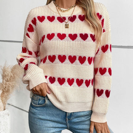 Heart Round Neck Dropped Shoulder Sweater