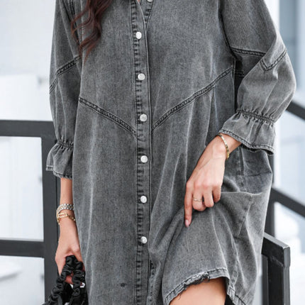 Distressed Collared Neck Flounce Sleeve Denim Dress