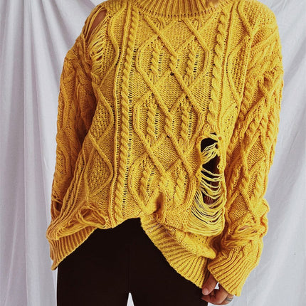 Distressed Cable-Knit Round Neck Long Sleeve Sweater