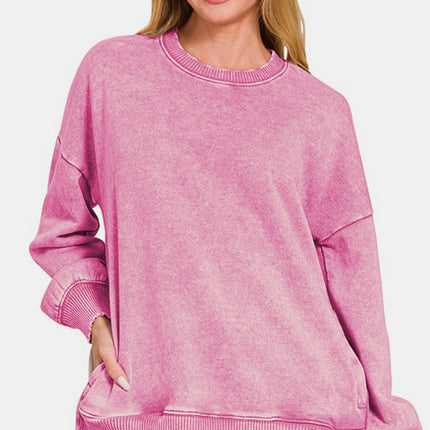 Zenana High-Low Acid Wash Fleece Sweatshirt