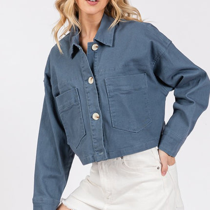 bytos Button Down Cropped Denim Jacket with Patch Pockets