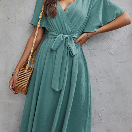 Surplice Flutter Sleeve Midi Dress