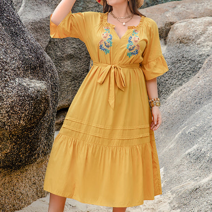 Plus Size Notched Tie Waist Half Sleeve Midi Dress