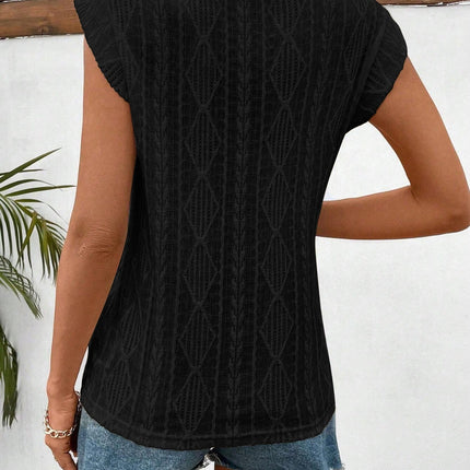 Openwork Round Neck Cap Sleeve Top