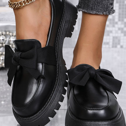 Bow PU Leather Round Toe Loafers