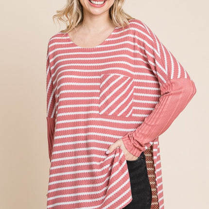 Culture Code Oversize Striped Round Neck Long Sleeve Slit T-Shirt