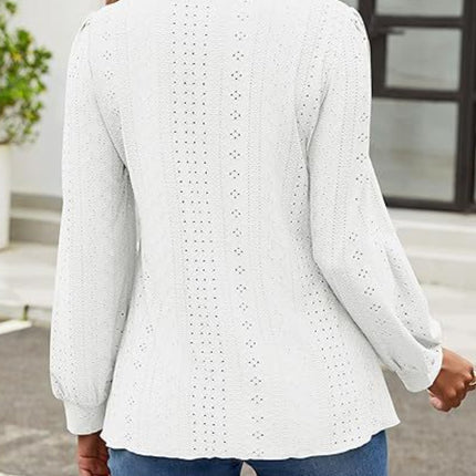 Eyelet Round Neck Long Sleeve Top