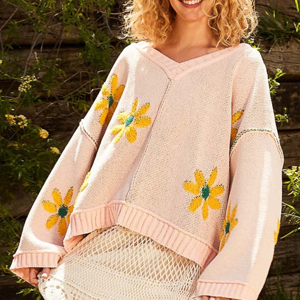 POL V-Neck Floral Pattern Chenille Sweater