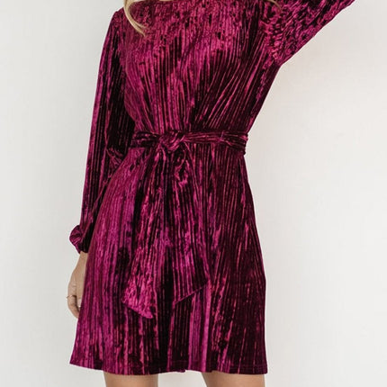 Velvet Round Neck Tie Waist Long Sleeve Mini Dress