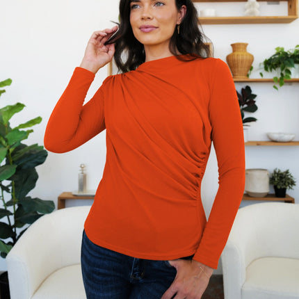 Ruched Mock Neck Long Sleeve T-Shirt