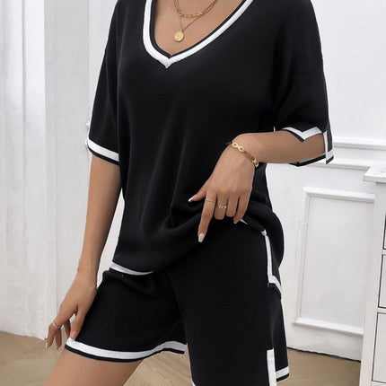 Contrast Trim V-Neck Top and Shorts Set