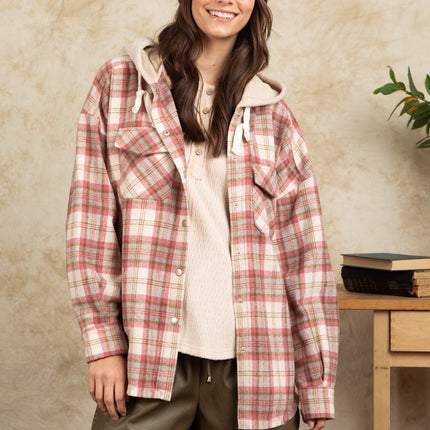 Drawstring Plaid Long Sleeve Hooded Jacket