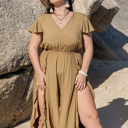 Plus Size Slit Ruffled V-Neck Jumpsuit