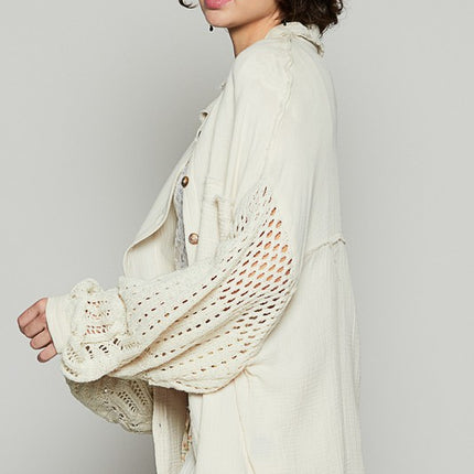 POL Openwork Lantern Sleeve Button Down Gauze Shirt