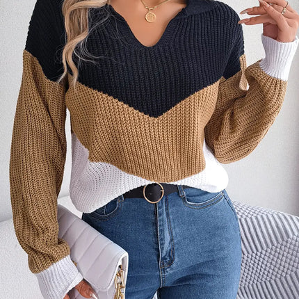 Autumn Winter Color Contrast Women's Sweater Casual Knitted Long Sleeve Top Fashion V-neck Pullovers Loose New In Knitwears 2023