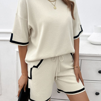 Contrast Trim Round Neck Top and Shorts Set