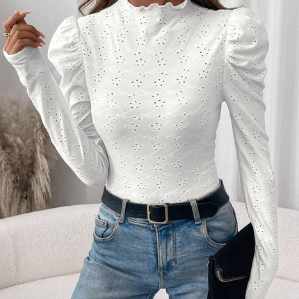 Eyelet Mock Neck Long Sleeve Top