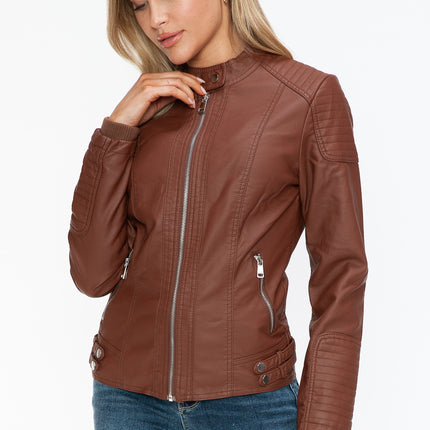 Snobbish Faux Leather Biker Jacket with Side Zip Pockets