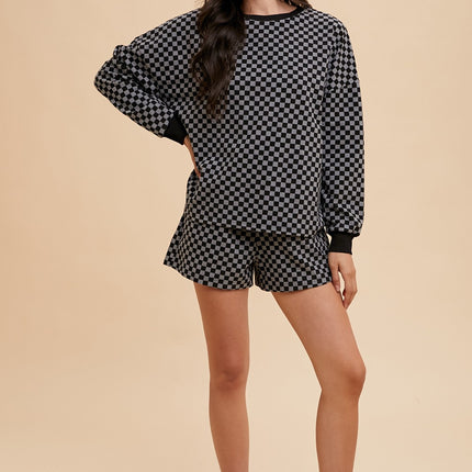 Annie Wear Checkered Round Neck Top and Drawstring Shorts Set