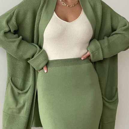 Pocketed Long Sleeve Cardigan and Skirt Sweater Set