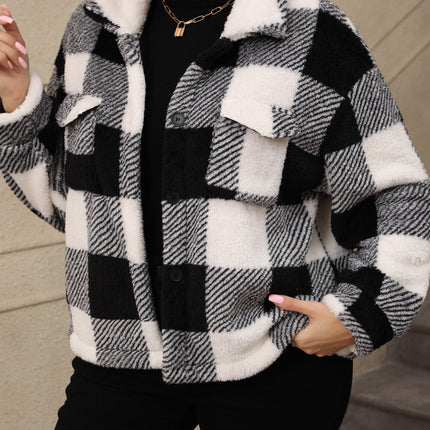 Plus Size Pocketed Plaid Collared Neck Jacket