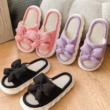 Bow Waffle-Knit Platform Slippers