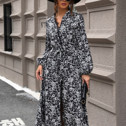 Lace Detail Printed Long Sleeve Midi Dress