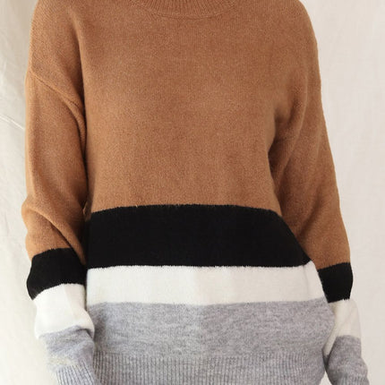 Color Block Round Neck Dropped Shoulder Sweater