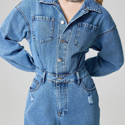 Distressed Button Down Drop Shoulder Denim Jumpsuit