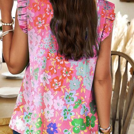 Ruffled Printed Mock Neck Cap Sleeve Blouse