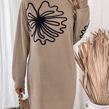 Perfee Flower Mock Neck Long Sleeve Sweater Dress