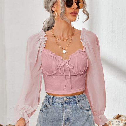 Mesh Sweetheart Neck Flounce Sleeve Top