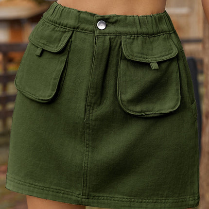 Pocketed Elastic Waist Denim Skirt