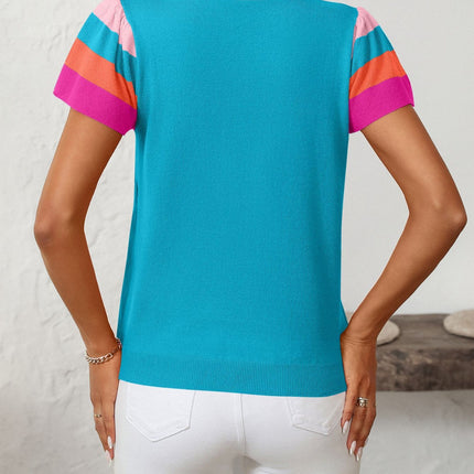 Mandy Contrast Round Neck Short Sleeve Knit Top