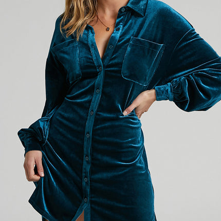 Collared Neck Button Down Long Sleeve Mini Dress