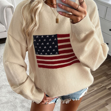 Devine US Flag Round Neck Long Sleeve Knit Top - Vickie Lynn's