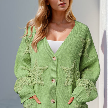 Double Take Full Size Button Up Star Pattern Cardigan
