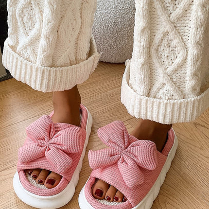 Bow Waffle-Knit Platform Slippers