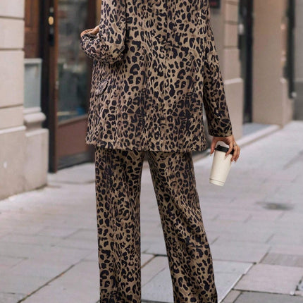 Full Size Leopard Lapel Collar Long Sleeve Blazer and Pants Set