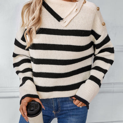 Buttoned Striped Long Sleeve Sweater