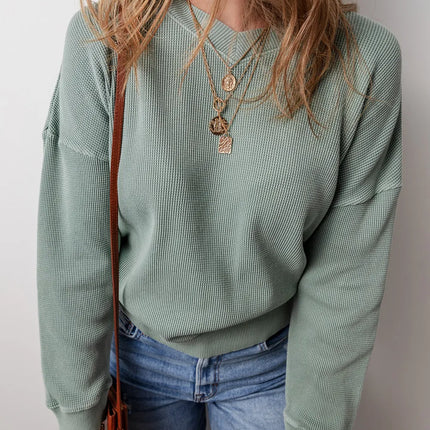 Waffle-Knit Long Sleeve Dropped Shoulder Top - Vickie Lynn's