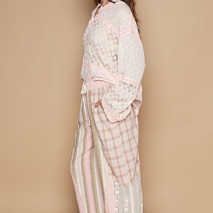 POL Drawstring Plaid Print Lace Straight Pants