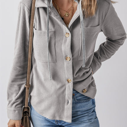 Drawstring Button Up Long Sleeve Hooded Jacket - Vickie Lynn's