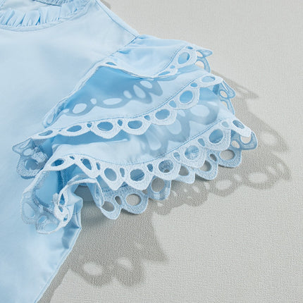 Ruffled Eyelet Round Neck Cap Sleeve Blouse