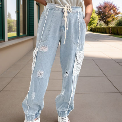 Crochet Pocketed Distressed Drawstring Jeans