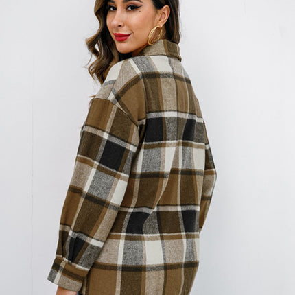 Shiny Plaid Button Up Collared Neck Jacket