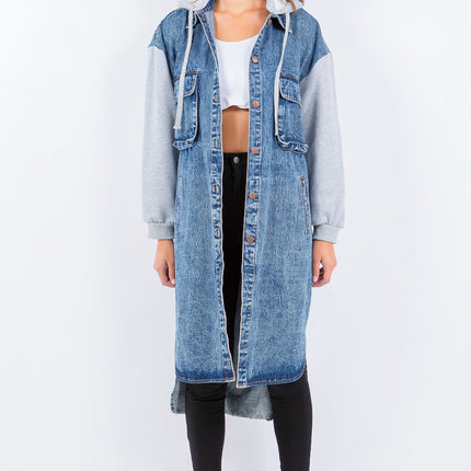 American Bazi Contrast Longline Hooded Denim Jacket