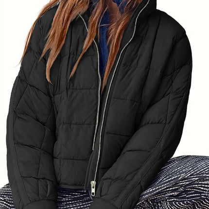 Pocketed Plaid Quilted Zip Up Winter Coat